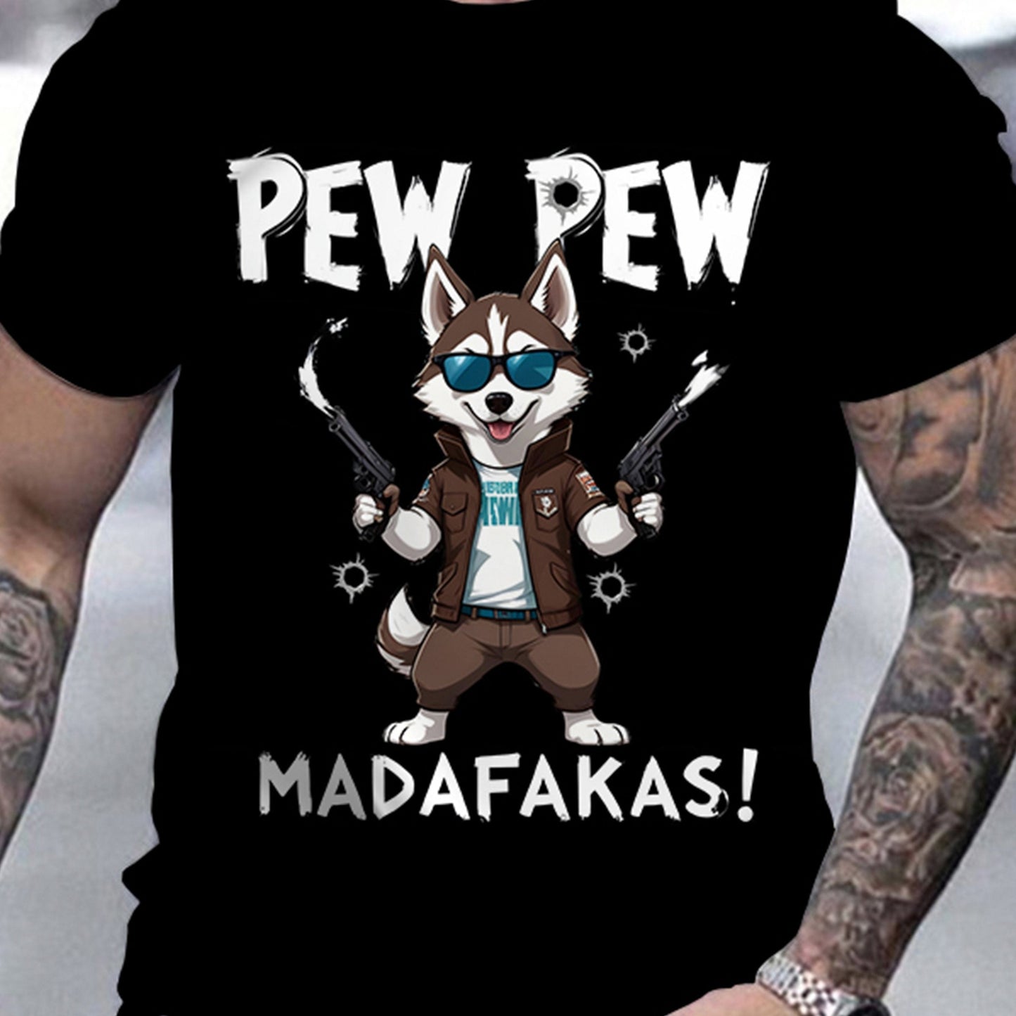 A Men's Polyester Sports T-shirt With A Husky Dog Cartoon And Pew Pew Meme, Round Neck Short Sleeved Regular Style-0