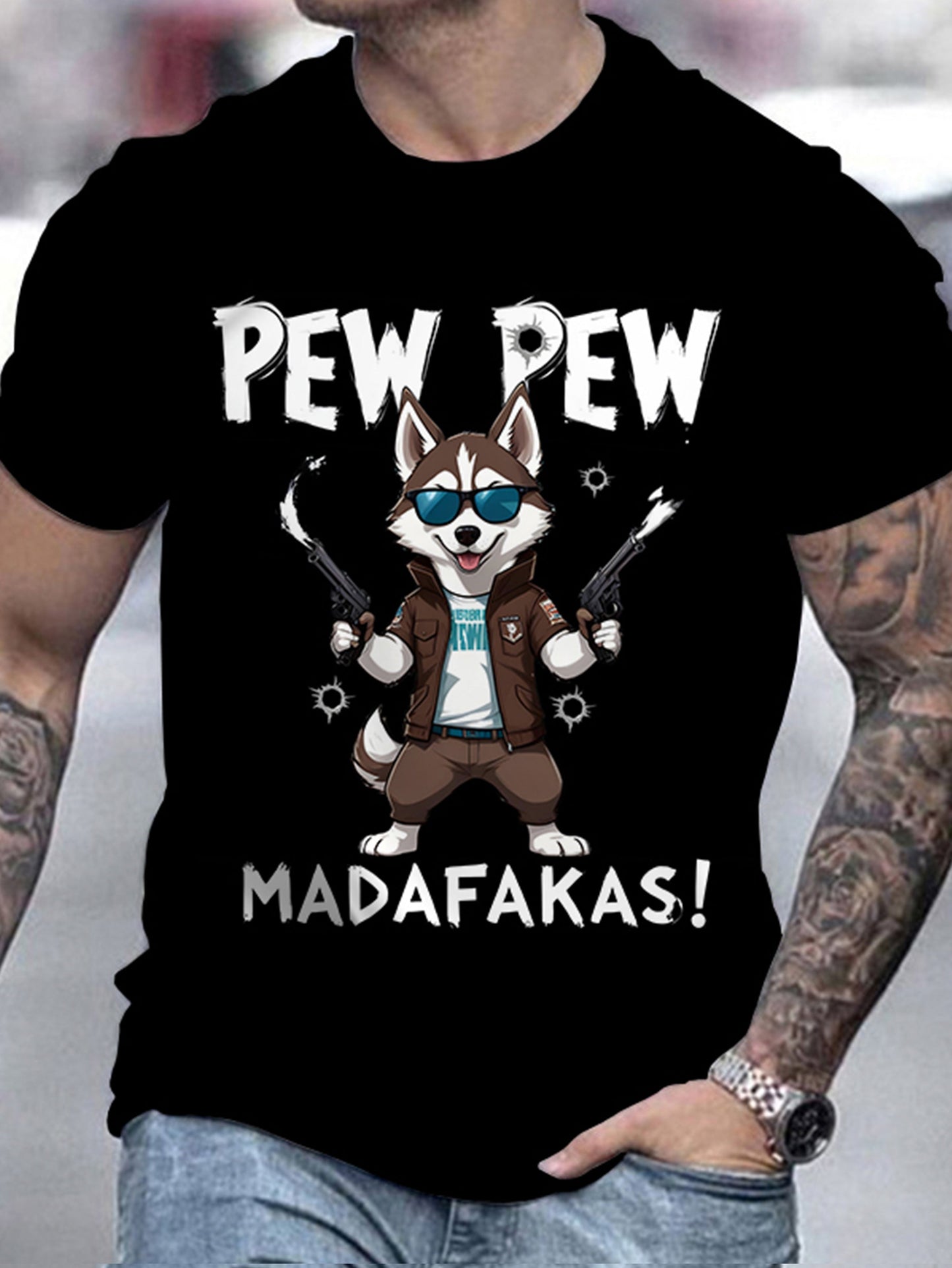A Men's Polyester Sports T-shirt With A Husky Dog Cartoon And Pew Pew Meme, Round Neck Short Sleeved Regular Style-3