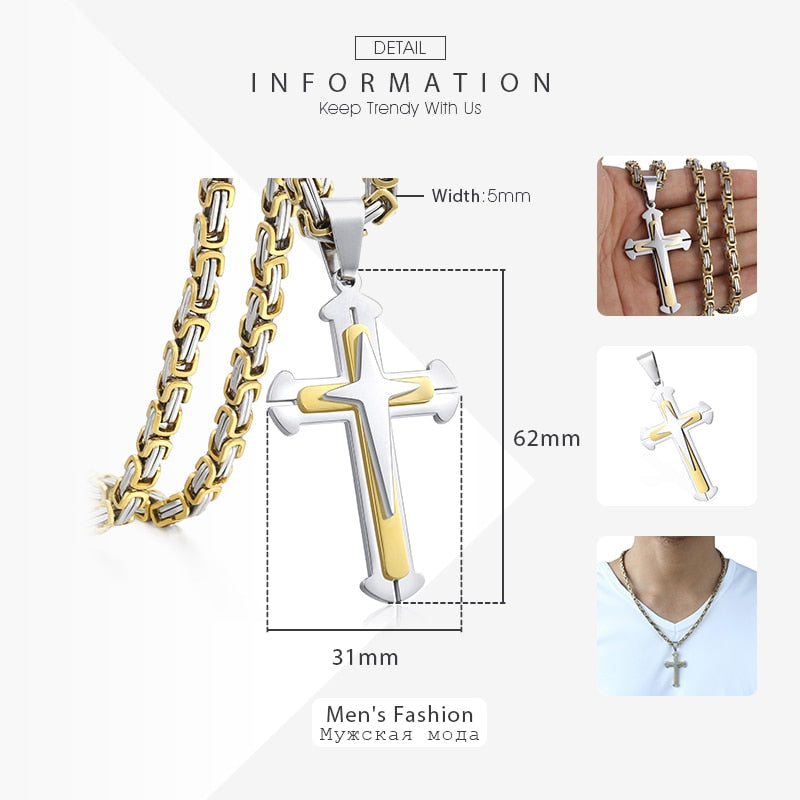 Men's Cross Necklace Gold Black Cross Pendant Stainless Steel Byzantine Chain Necklace Hip Hop Male Jewelry-4