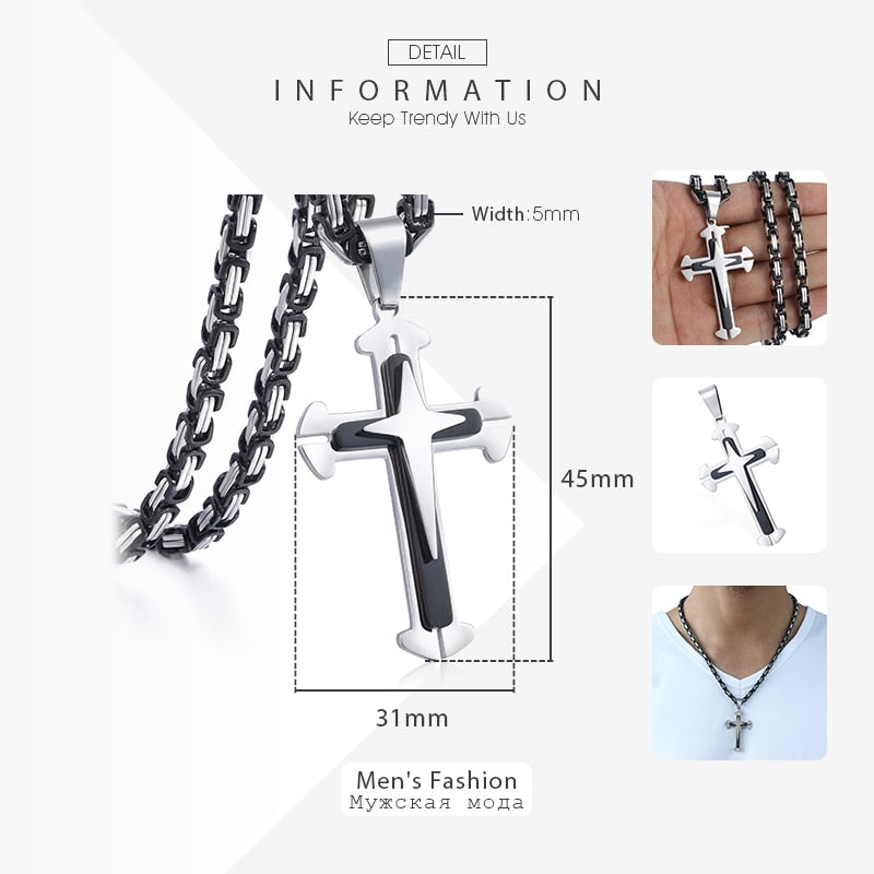 Men's Cross Necklace Gold Black Cross Pendant Stainless Steel Byzantine Chain Necklace Hip Hop Male Jewelry-3