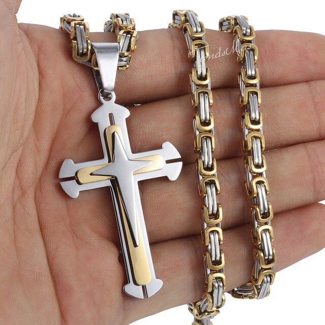 Men's Cross Necklace Gold Black Cross Pendant Stainless Steel Byzantine Chain Necklace Hip Hop Male Jewelry-7