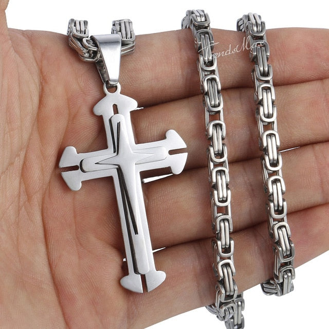 Men's Cross Necklace Gold Black Cross Pendant Stainless Steel Byzantine Chain Necklace Hip Hop Male Jewelry-6