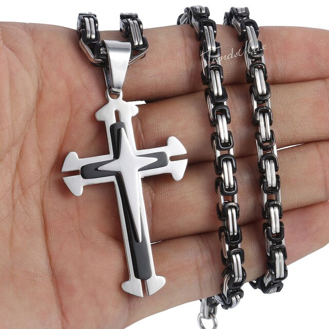 Men's Cross Necklace Gold Black Cross Pendant Stainless Steel Byzantine Chain Necklace Hip Hop Male Jewelry-8