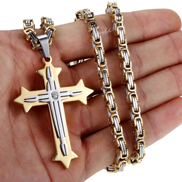 Men's Cross Necklace Gold Black Cross Pendant Stainless Steel Byzantine Chain Necklace Hip Hop Male Jewelry-5