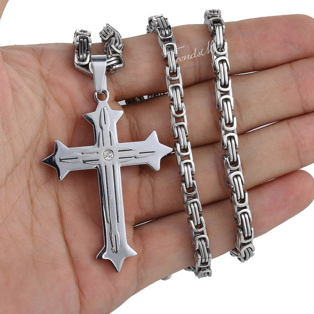 Men's Cross Necklace Gold Black Cross Pendant Stainless Steel Byzantine Chain Necklace Hip Hop Male Jewelry-9