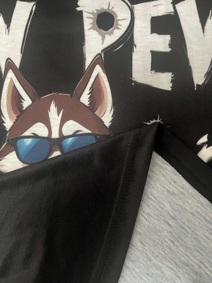 A Men's Polyester Sports T-shirt With A Husky Dog Cartoon And Pew Pew Meme, Round Neck Short Sleeved Regular Style-4