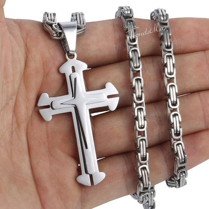 Men's Cross Necklace Gold Black Cross Pendant Stainless Steel Byzantine Chain Necklace  Hip Hop Male Jewelry-6